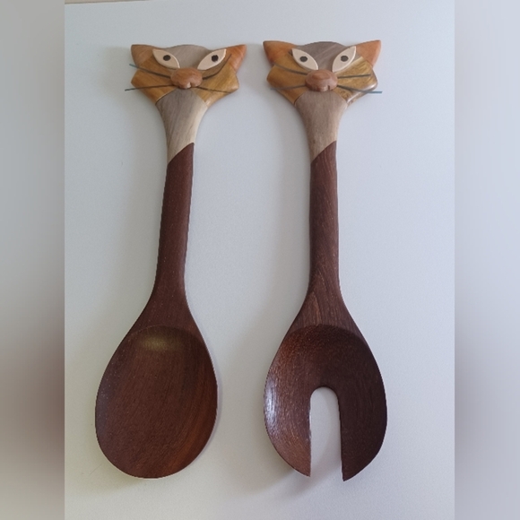 Cat Inlaid Wood Salad Servers Spoon & Fork Set - Picture 1 of 2